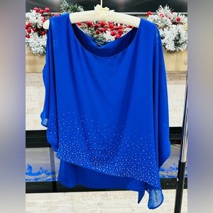 Women's royal blue cocktail party blouse with crystal rhinestones